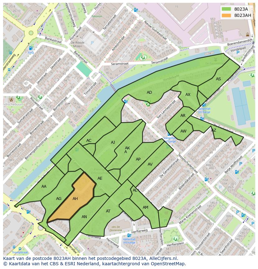 Afbeelding van het postcodegebied 8023 AH op de kaart.