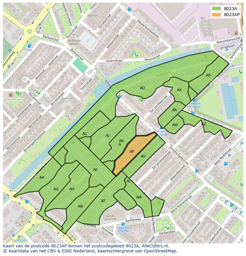 Afbeelding van het postcodegebied 8023 AP op de kaart.