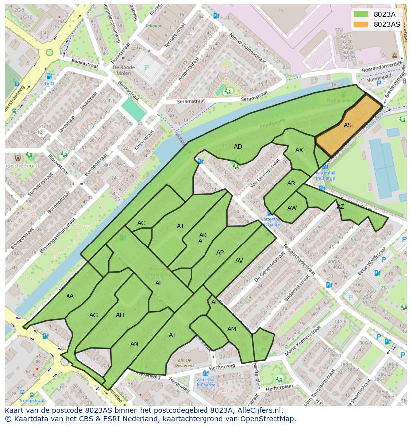 Afbeelding van het postcodegebied 8023 AS op de kaart.
