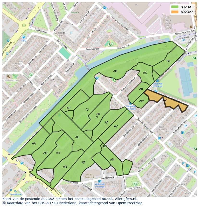 Afbeelding van het postcodegebied 8023 AZ op de kaart.