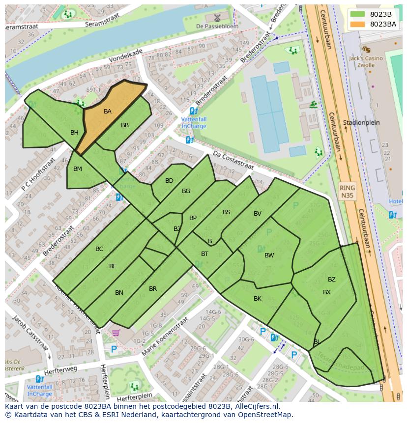 Afbeelding van het postcodegebied 8023 BA op de kaart.