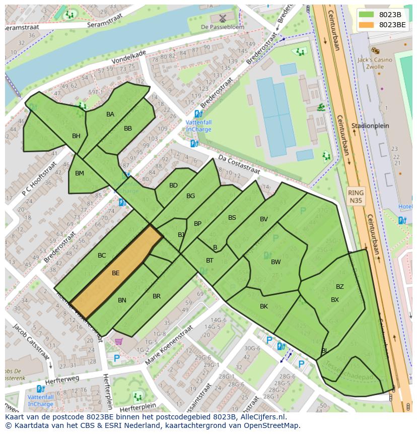 Afbeelding van het postcodegebied 8023 BE op de kaart.