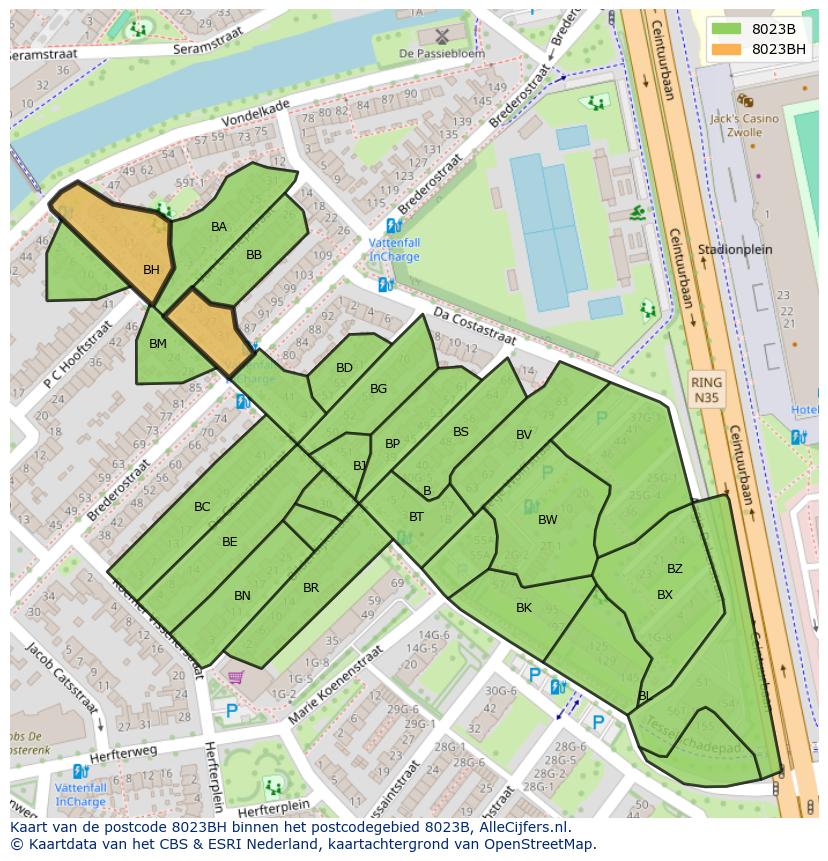 Afbeelding van het postcodegebied 8023 BH op de kaart.