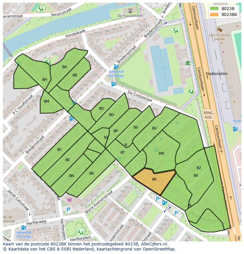 Afbeelding van het postcodegebied 8023 BK op de kaart.