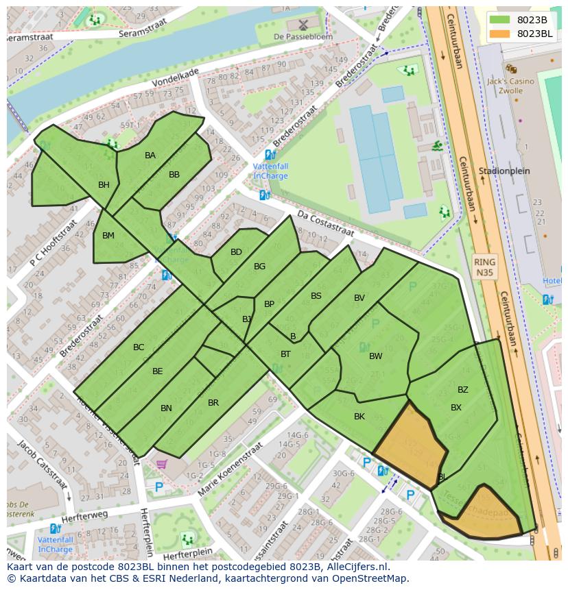 Afbeelding van het postcodegebied 8023 BL op de kaart.