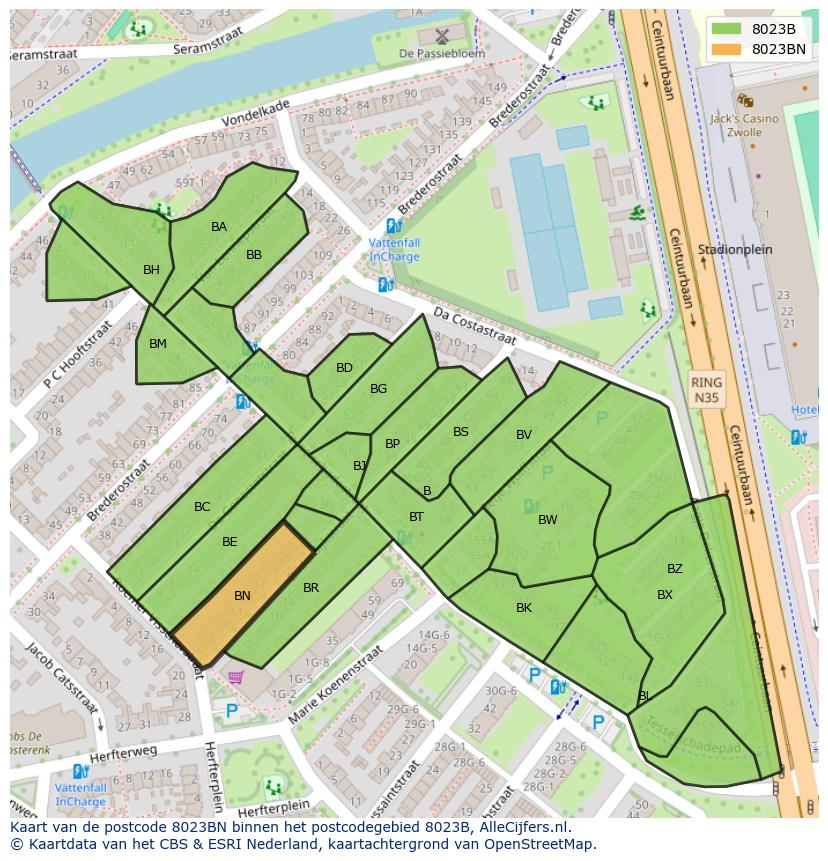 Afbeelding van het postcodegebied 8023 BN op de kaart.