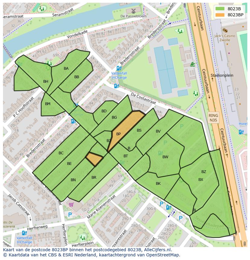 Afbeelding van het postcodegebied 8023 BP op de kaart.