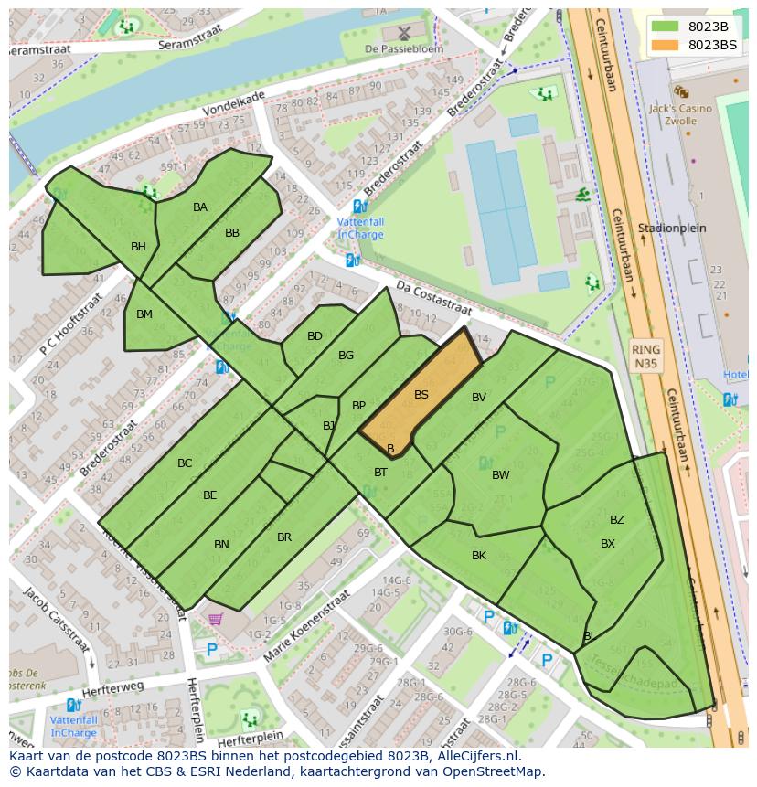 Afbeelding van het postcodegebied 8023 BS op de kaart.