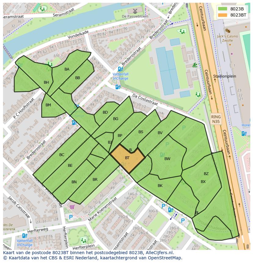 Afbeelding van het postcodegebied 8023 BT op de kaart.