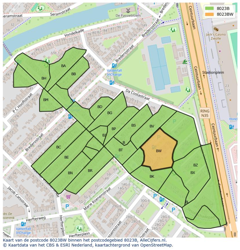 Afbeelding van het postcodegebied 8023 BW op de kaart.
