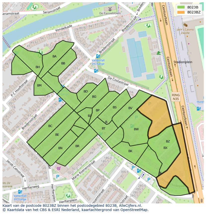Afbeelding van het postcodegebied 8023 BZ op de kaart.