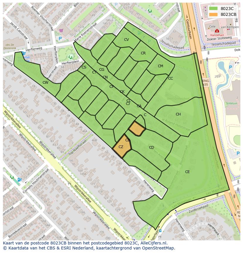 Afbeelding van het postcodegebied 8023 CB op de kaart.