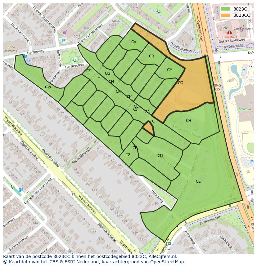 Afbeelding van het postcodegebied 8023 CC op de kaart.