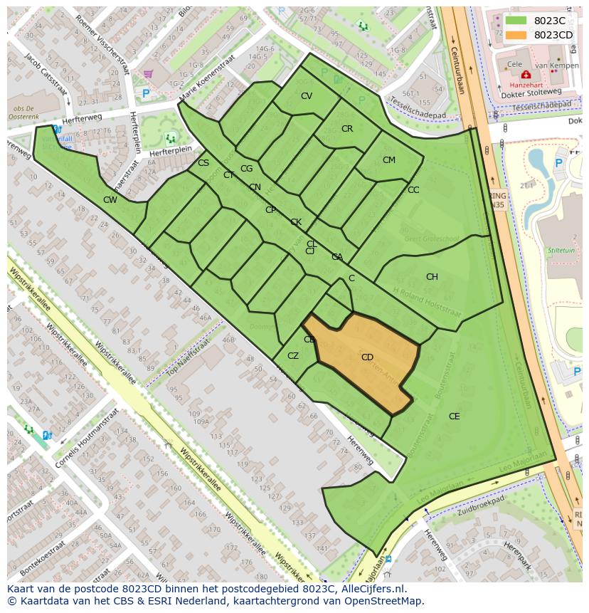 Afbeelding van het postcodegebied 8023 CD op de kaart.