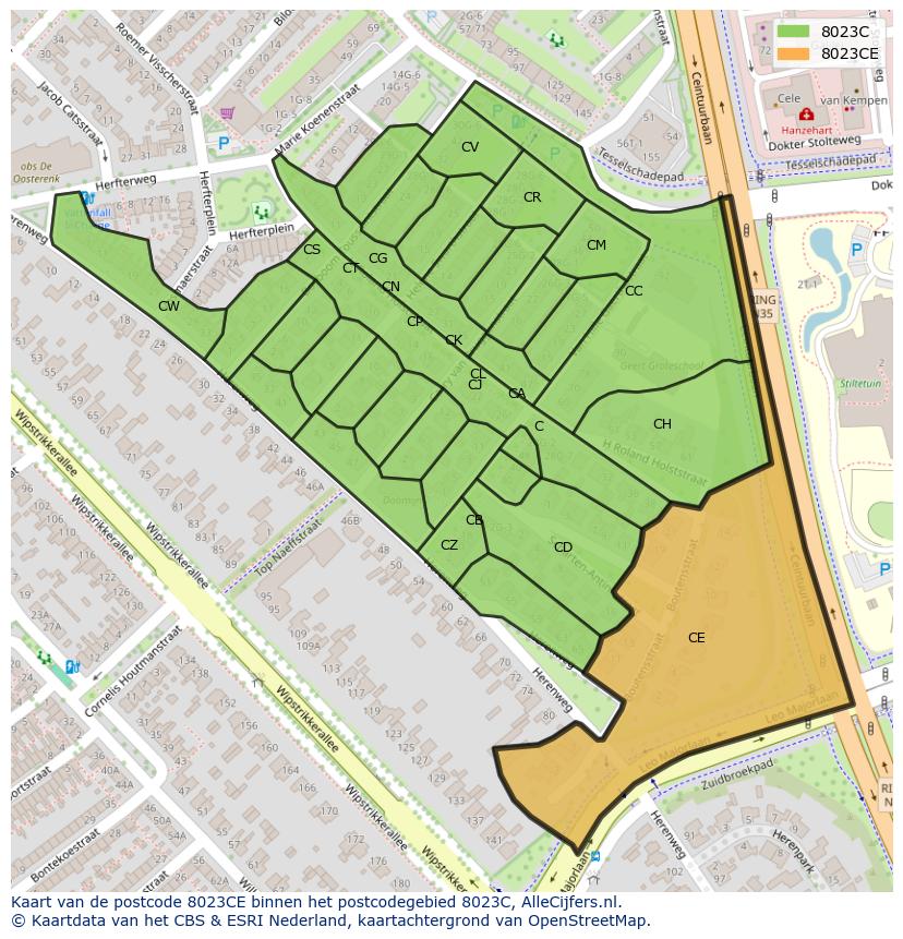 Afbeelding van het postcodegebied 8023 CE op de kaart.