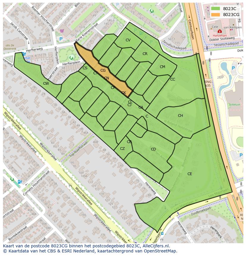 Afbeelding van het postcodegebied 8023 CG op de kaart.