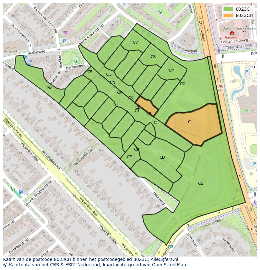 Afbeelding van het postcodegebied 8023 CH op de kaart.