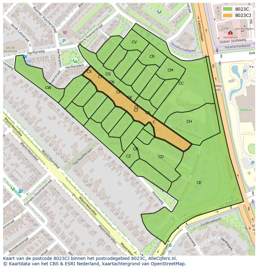 Afbeelding van het postcodegebied 8023 CJ op de kaart.