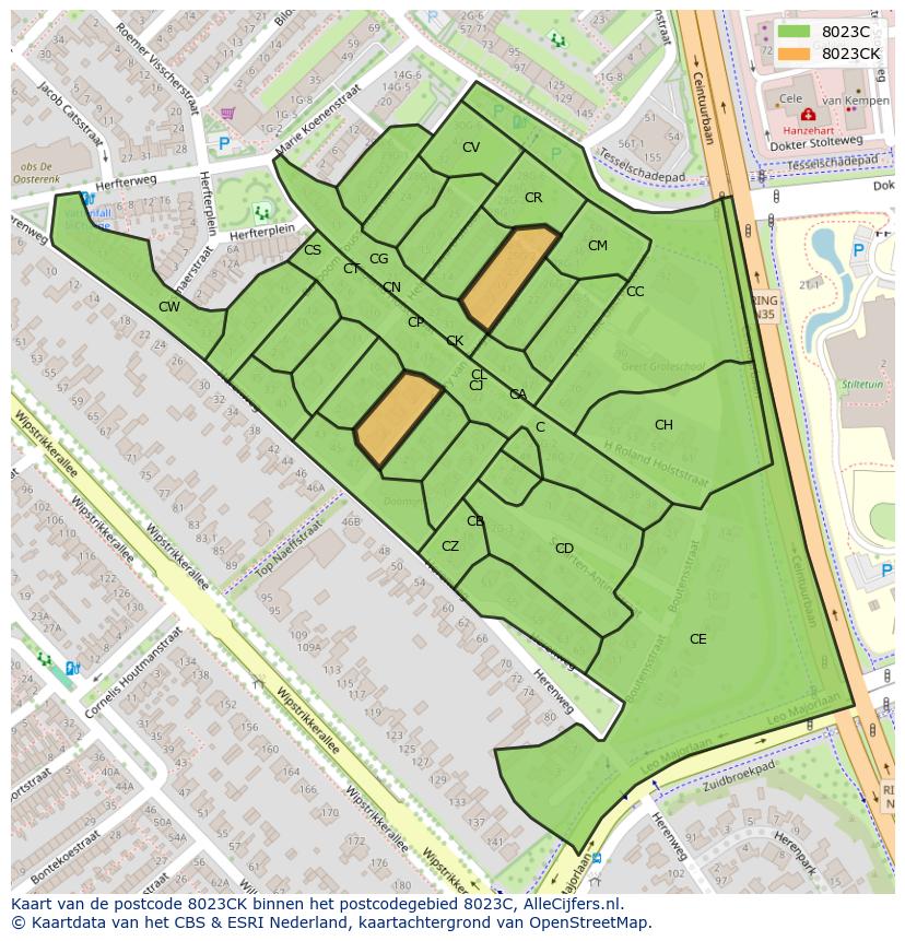 Afbeelding van het postcodegebied 8023 CK op de kaart.