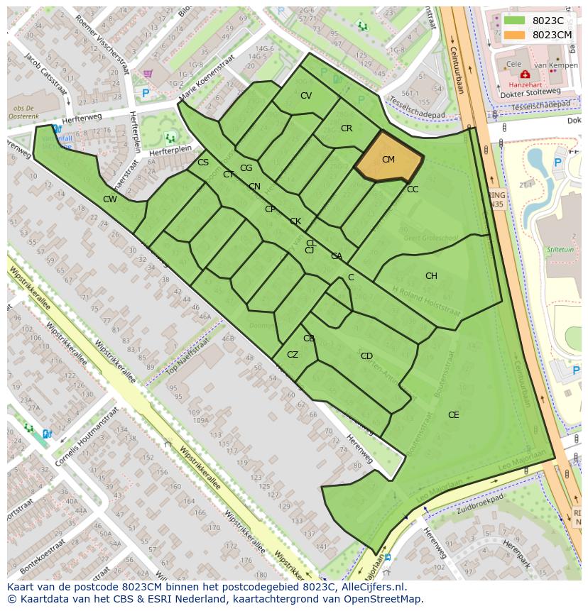 Afbeelding van het postcodegebied 8023 CM op de kaart.