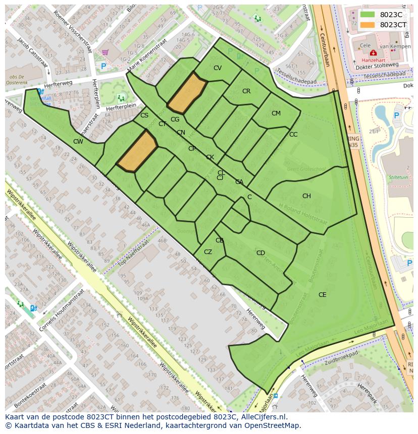 Afbeelding van het postcodegebied 8023 CT op de kaart.