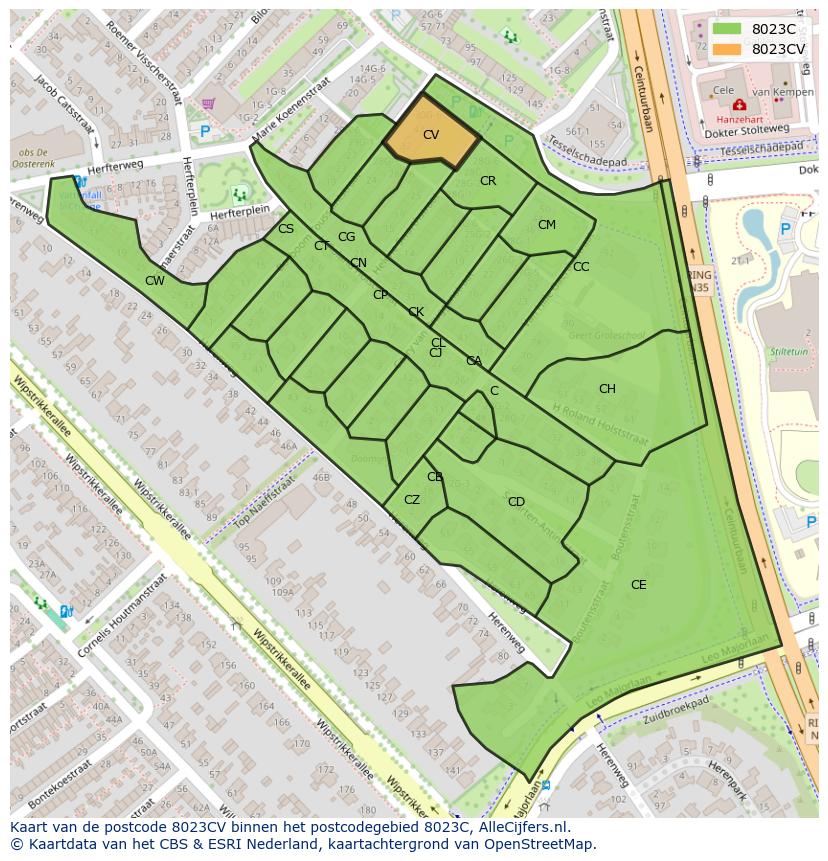 Afbeelding van het postcodegebied 8023 CV op de kaart.