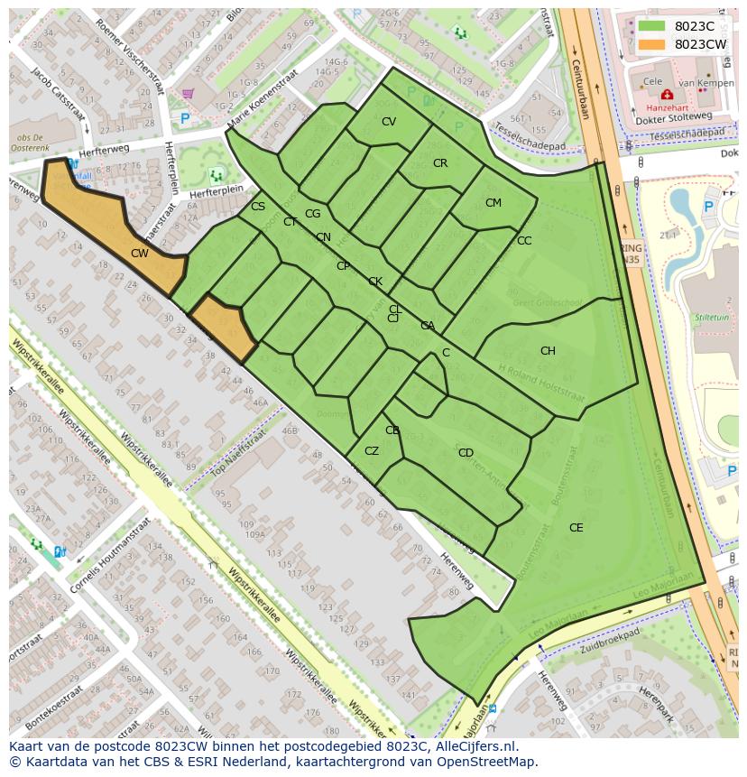 Afbeelding van het postcodegebied 8023 CW op de kaart.