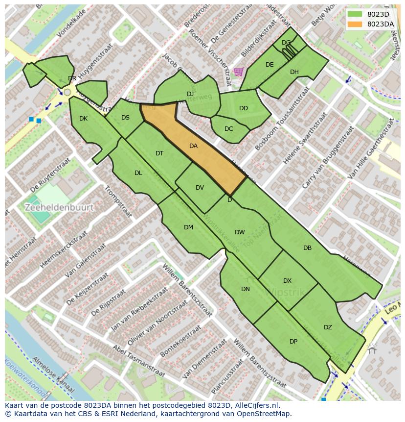 Afbeelding van het postcodegebied 8023 DA op de kaart.