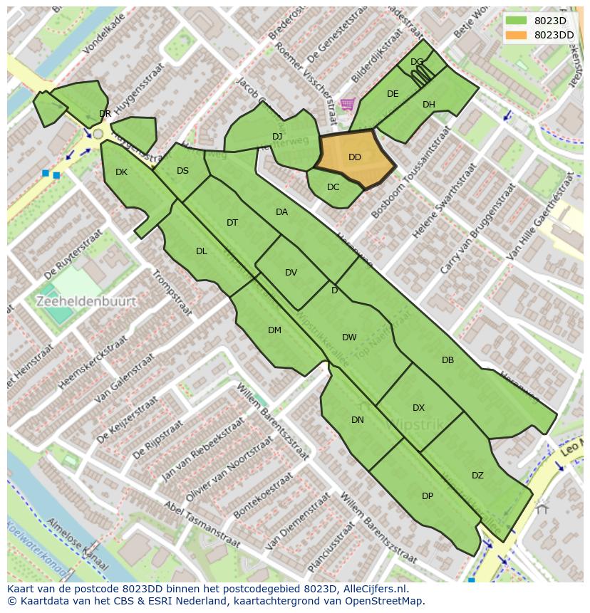 Afbeelding van het postcodegebied 8023 DD op de kaart.