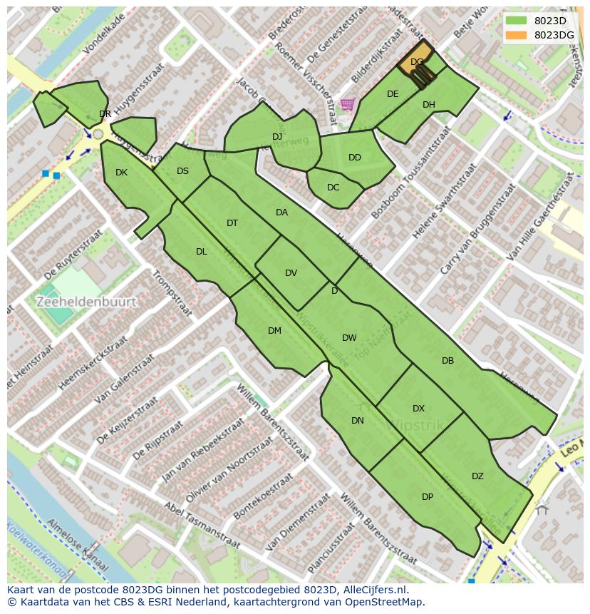 Afbeelding van het postcodegebied 8023 DG op de kaart.