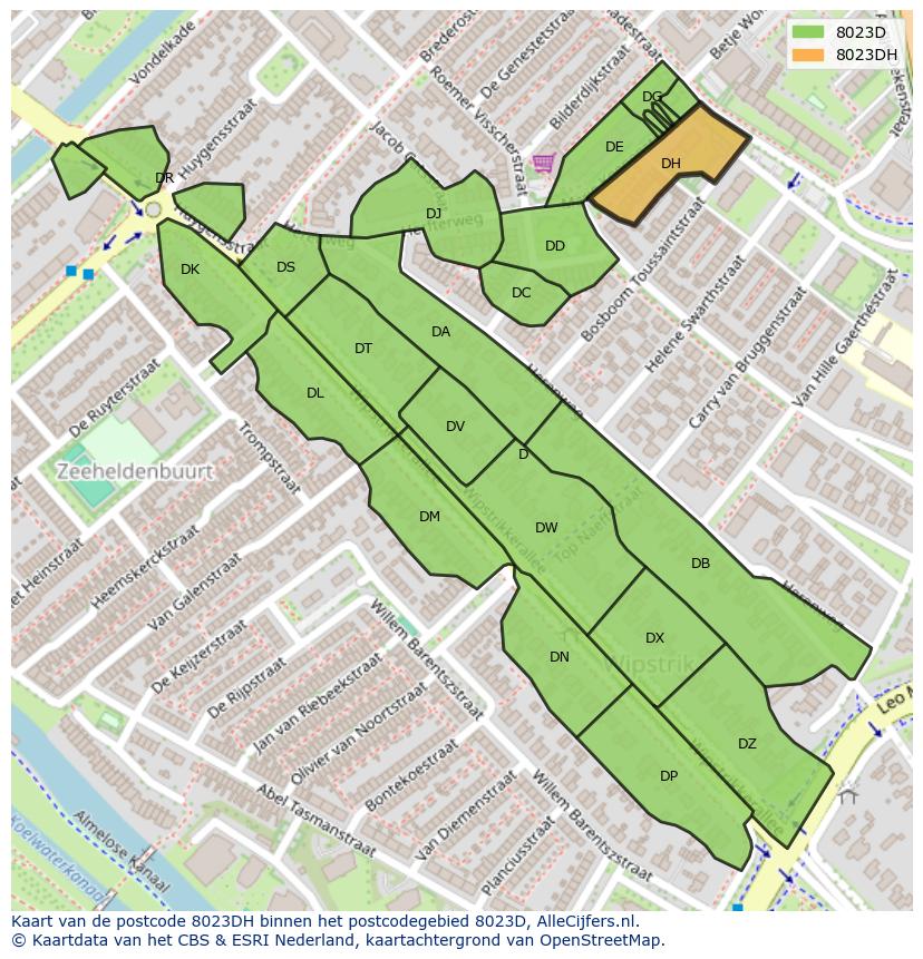 Afbeelding van het postcodegebied 8023 DH op de kaart.