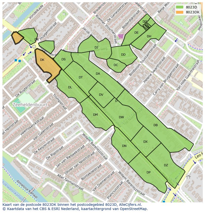 Afbeelding van het postcodegebied 8023 DK op de kaart.