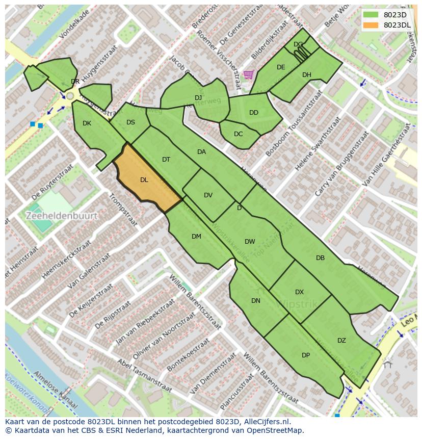 Afbeelding van het postcodegebied 8023 DL op de kaart.