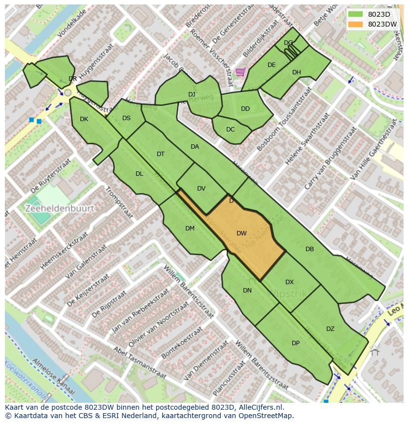 Afbeelding van het postcodegebied 8023 DW op de kaart.