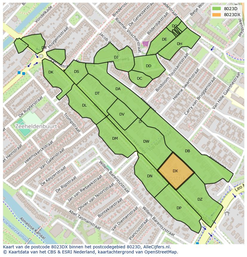 Afbeelding van het postcodegebied 8023 DX op de kaart.