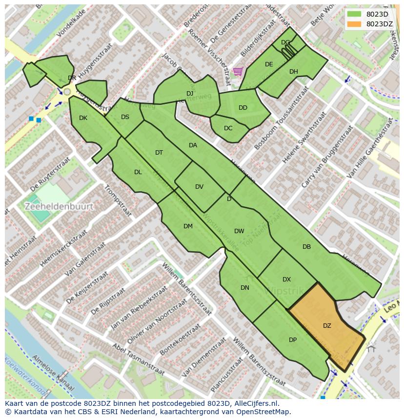 Afbeelding van het postcodegebied 8023 DZ op de kaart.