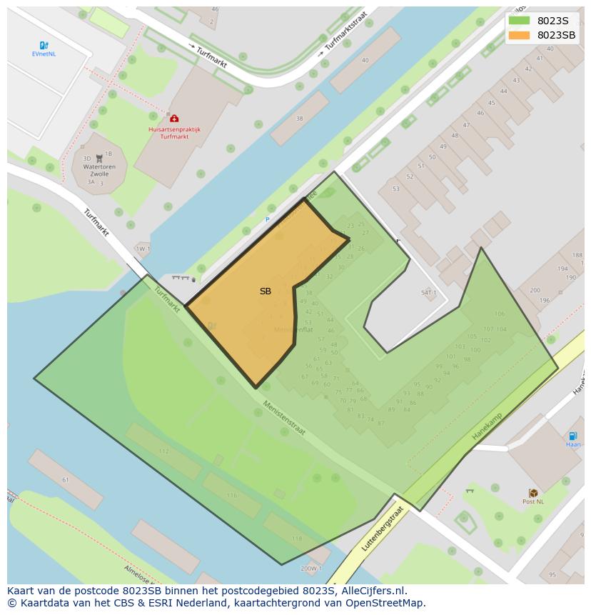 Afbeelding van het postcodegebied 8023 SB op de kaart.