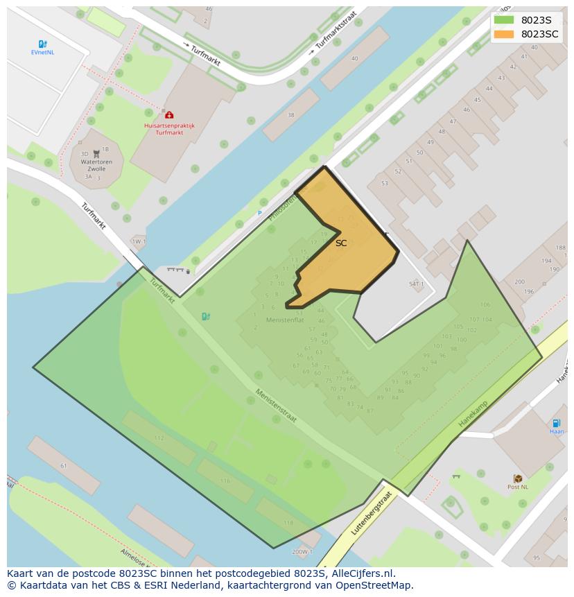 Afbeelding van het postcodegebied 8023 SC op de kaart.