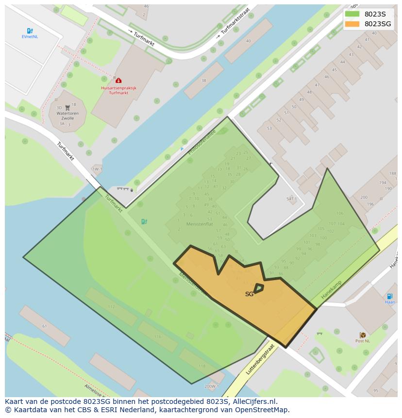 Afbeelding van het postcodegebied 8023 SG op de kaart.