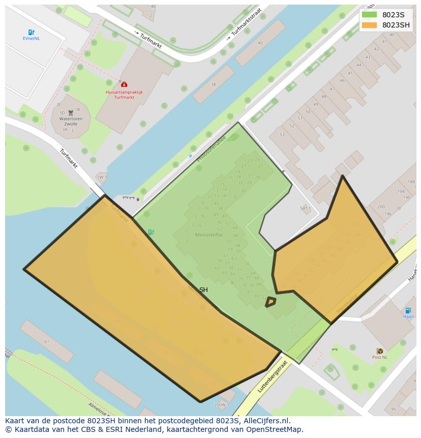 Afbeelding van het postcodegebied 8023 SH op de kaart.