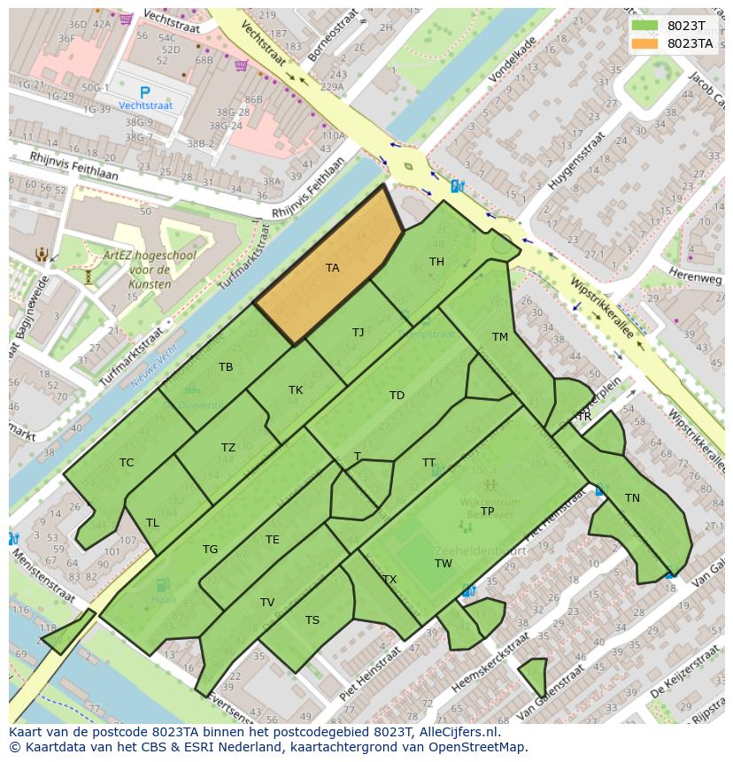 Afbeelding van het postcodegebied 8023 TA op de kaart.