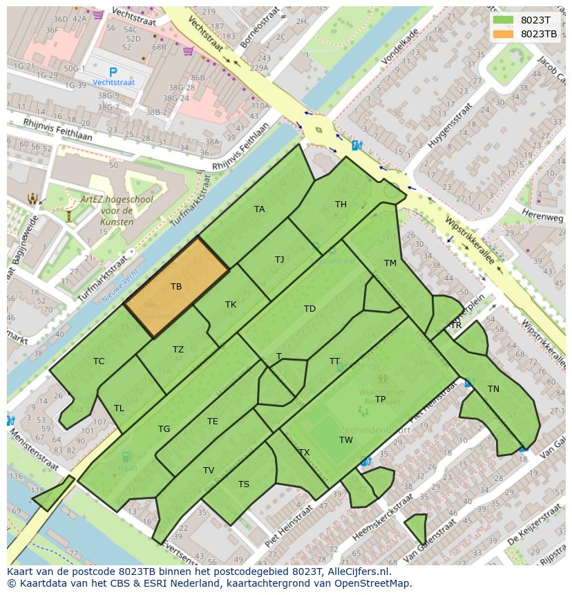 Afbeelding van het postcodegebied 8023 TB op de kaart.