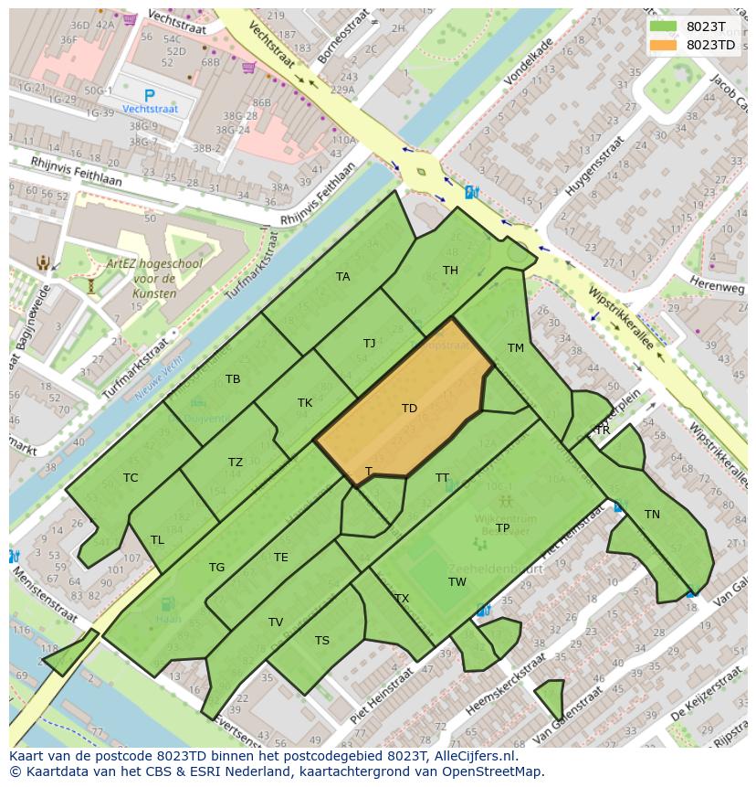 Afbeelding van het postcodegebied 8023 TD op de kaart.