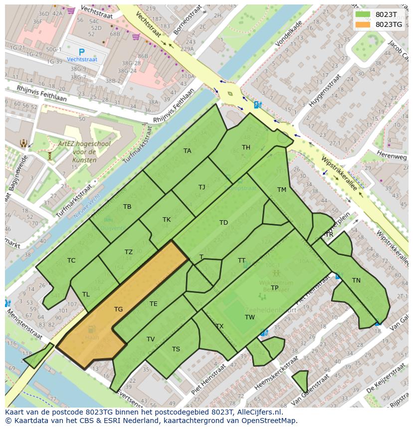Afbeelding van het postcodegebied 8023 TG op de kaart.