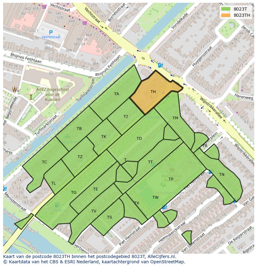 Afbeelding van het postcodegebied 8023 TH op de kaart.