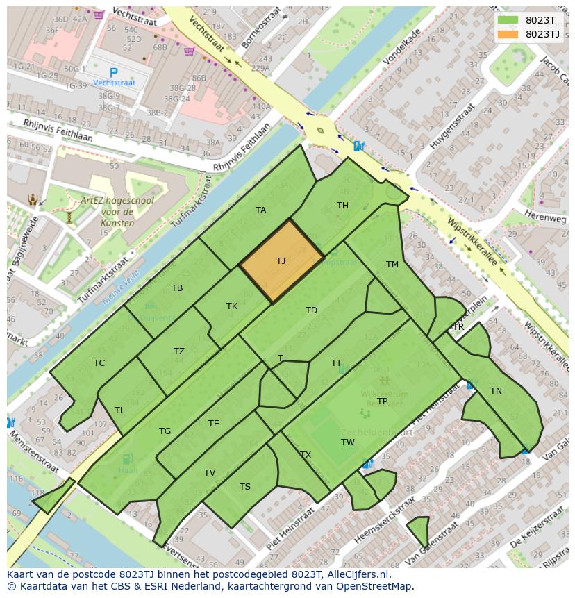 Afbeelding van het postcodegebied 8023 TJ op de kaart.