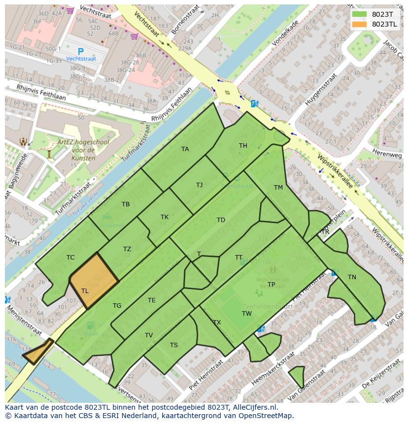 Afbeelding van het postcodegebied 8023 TL op de kaart.