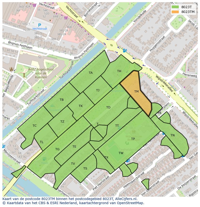 Afbeelding van het postcodegebied 8023 TM op de kaart.