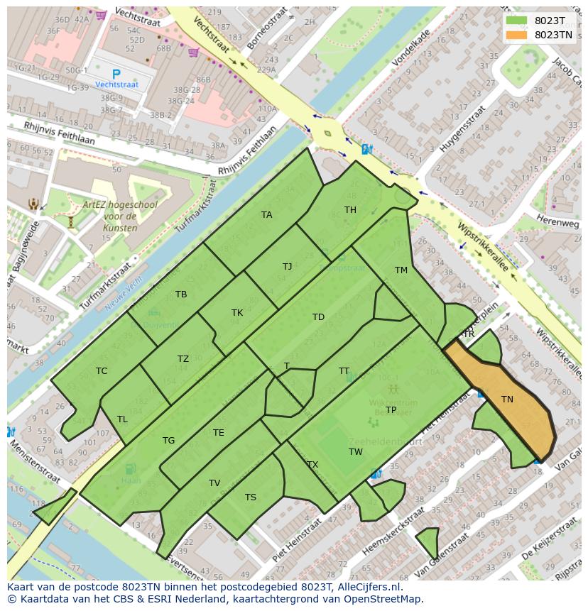 Afbeelding van het postcodegebied 8023 TN op de kaart.