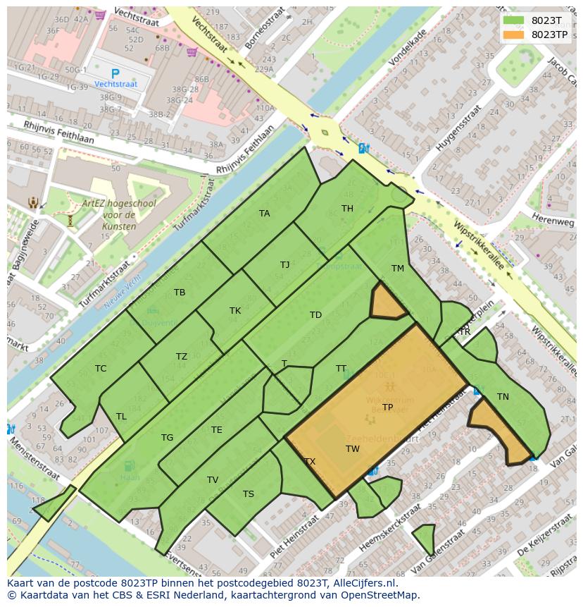 Afbeelding van het postcodegebied 8023 TP op de kaart.
